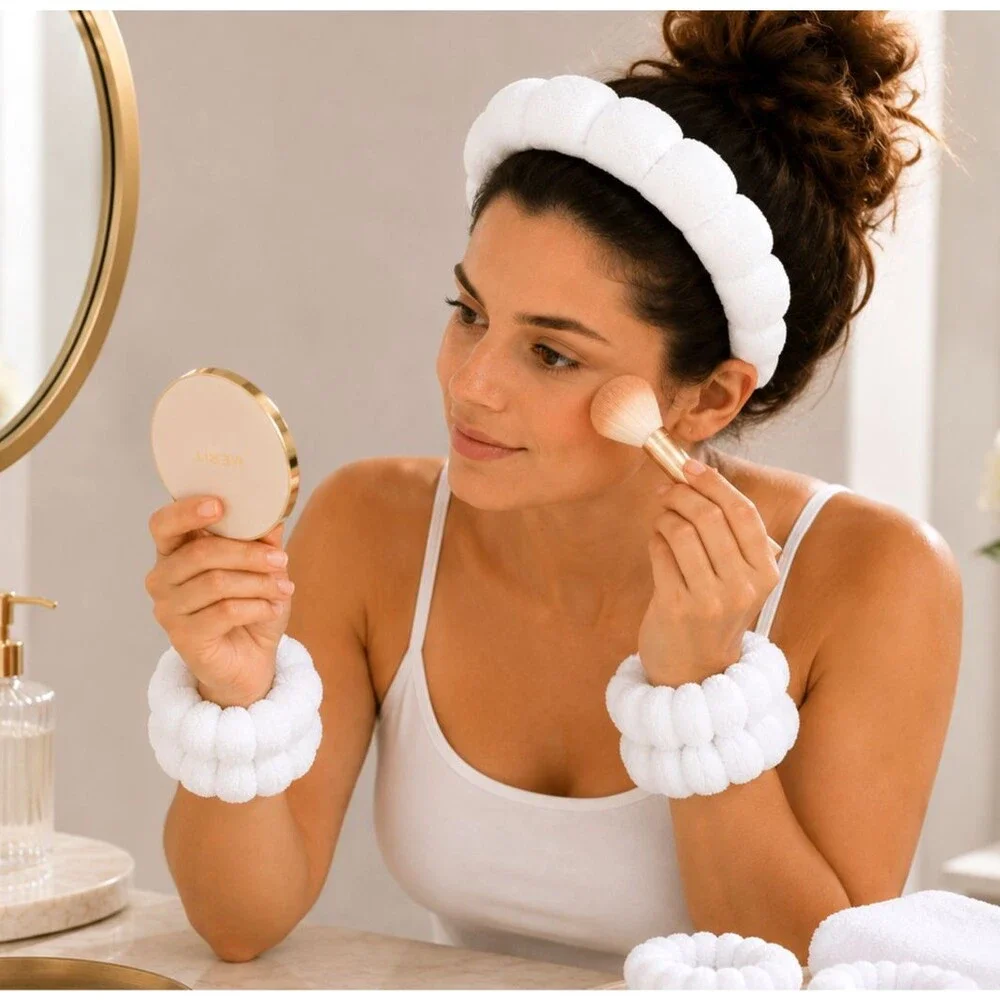 White Puffy Spa Headband & Wrist Wash Band Set Terry Cloth Makeup NEW